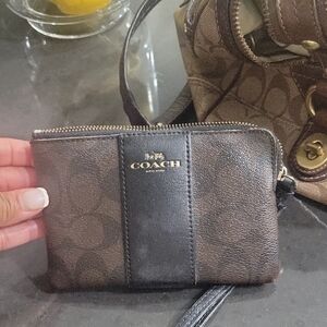 Coach Brown and Black Signature Wristlet with Gold Logo